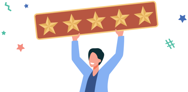 Happy person holding up banner with 5 gold stars